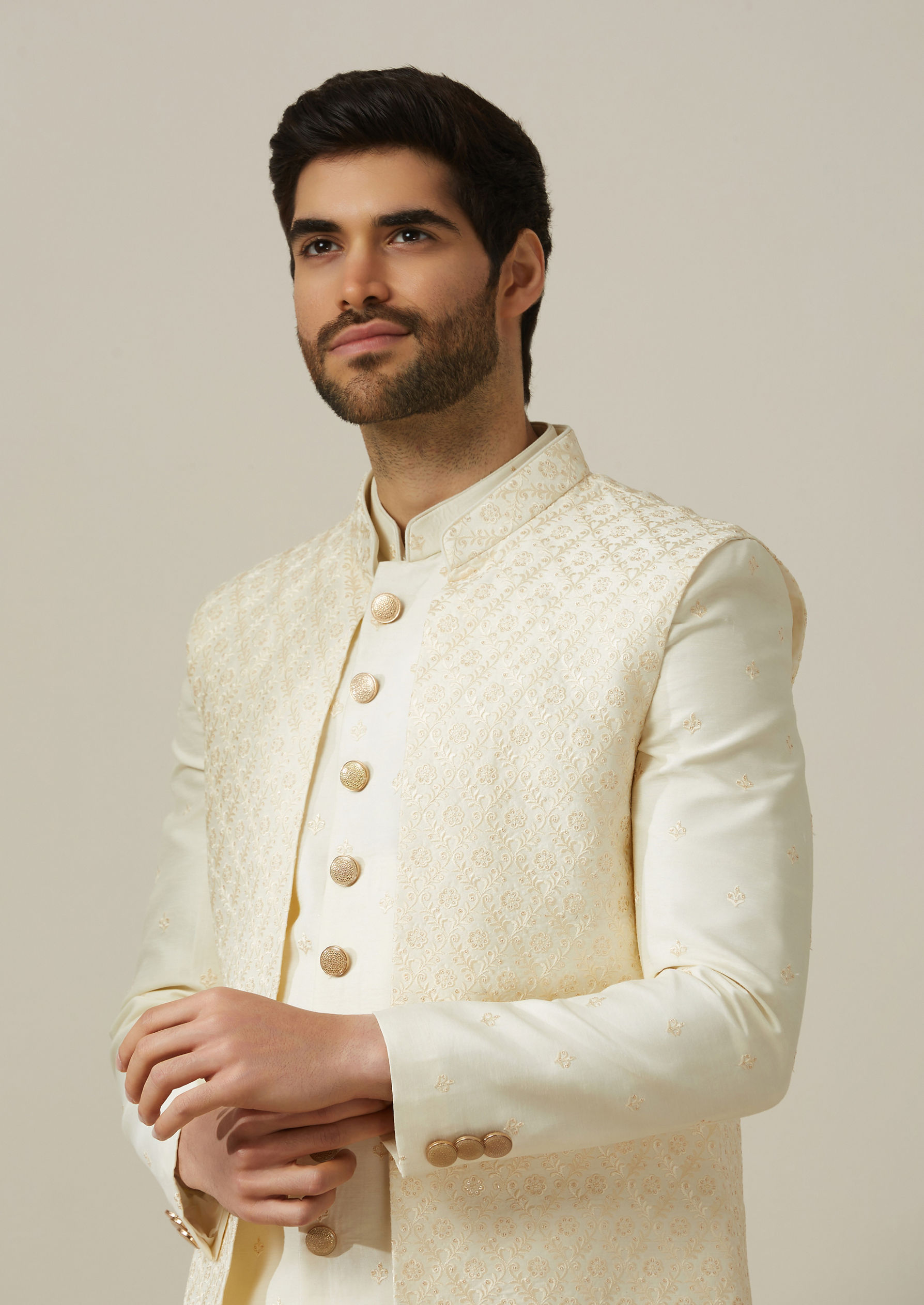 Twamev Men Cream Art Silk Embroidered Sherwani