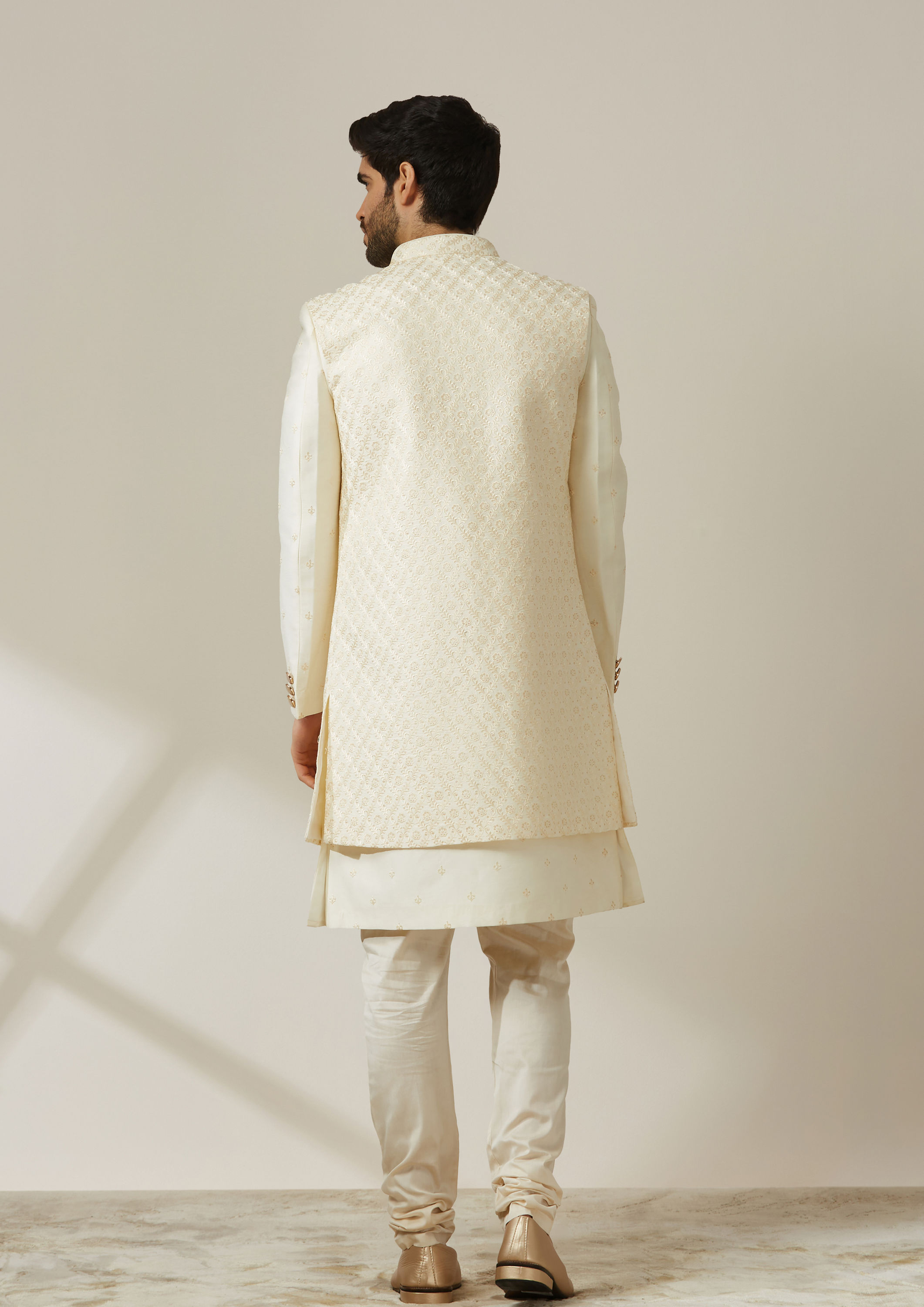 Twamev Men Cream Art Silk Embroidered Sherwani