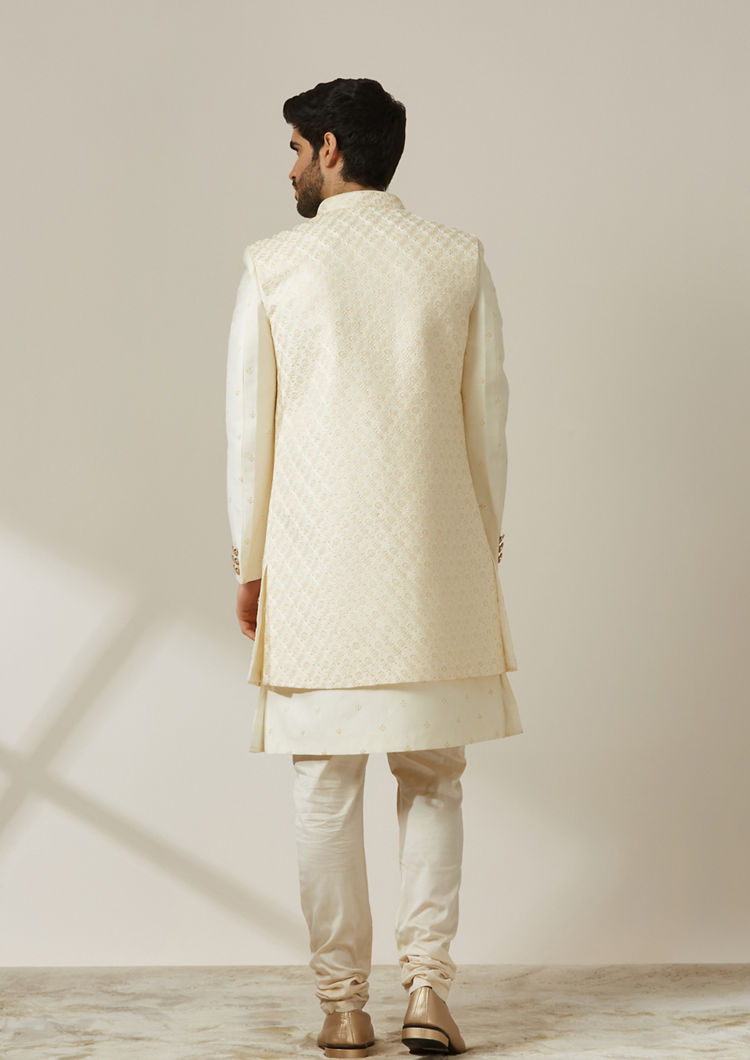 Twamev Men Cream Art Silk Embroidered Sherwani image number 2