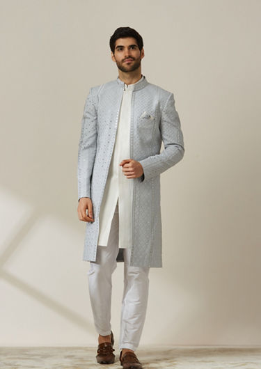 alt message - Twamev Men Light Grey Jaal Patterned Indo Western Set image number 1