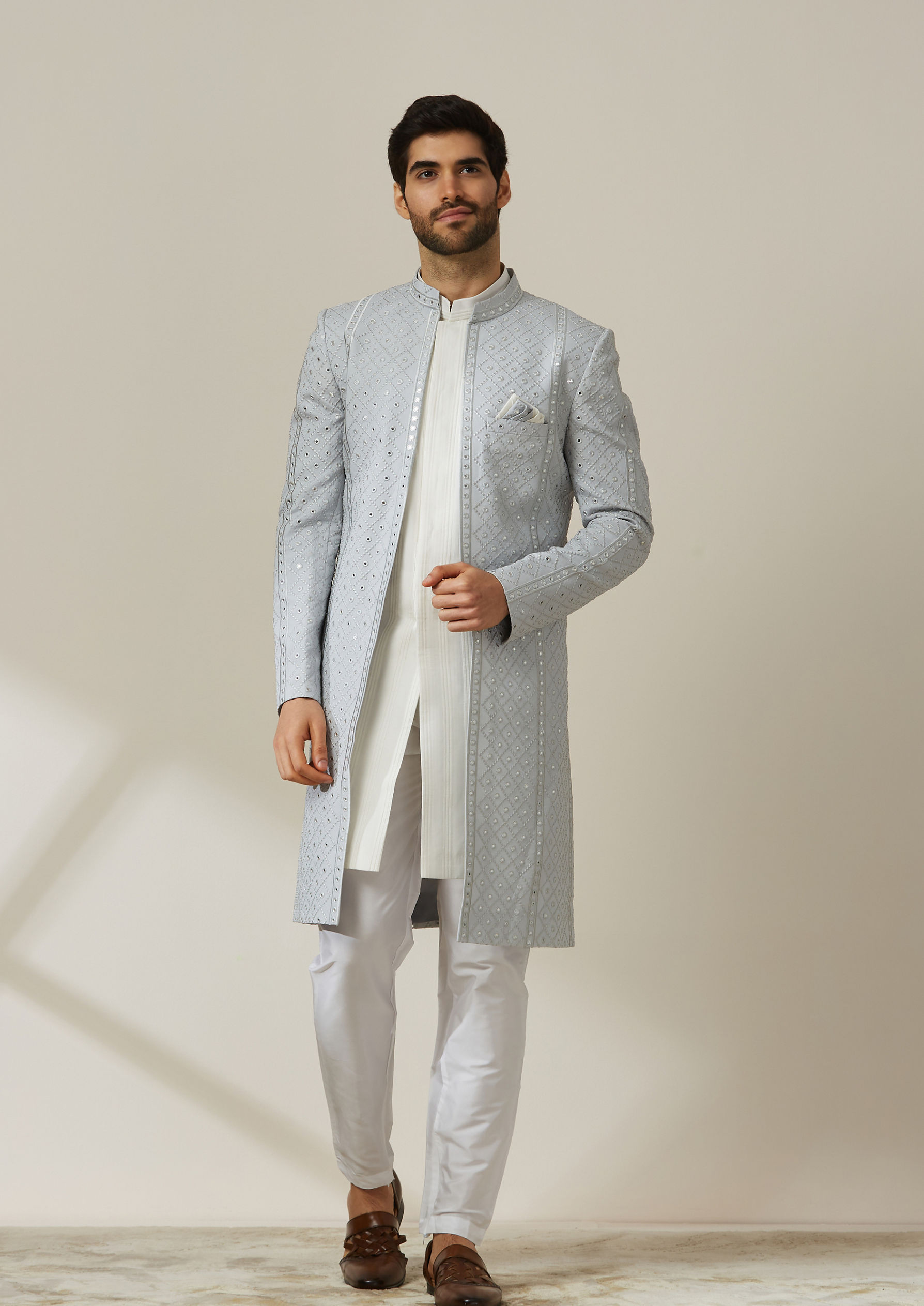 Twamev Men Light Grey Jaal Patterned Indo Western Set