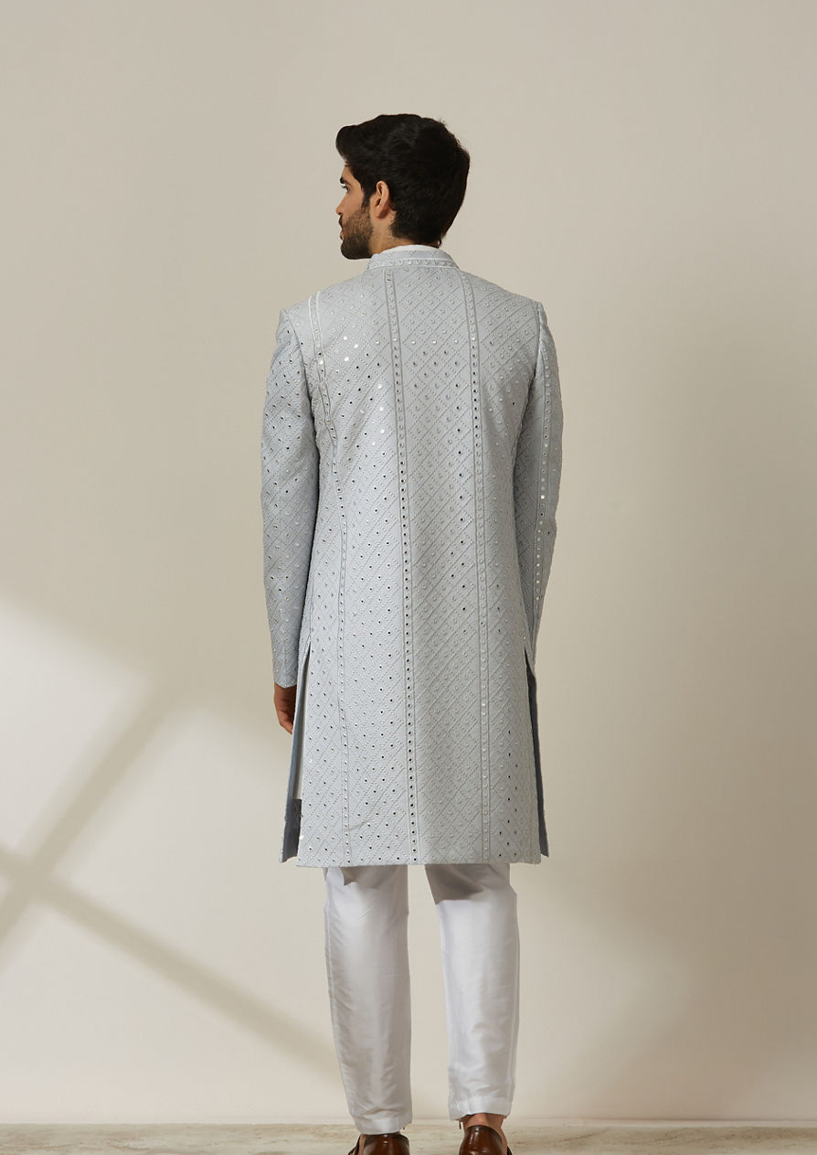 alt message - Twamev Men Light Grey Jaal Patterned Indo Western Set image number 2