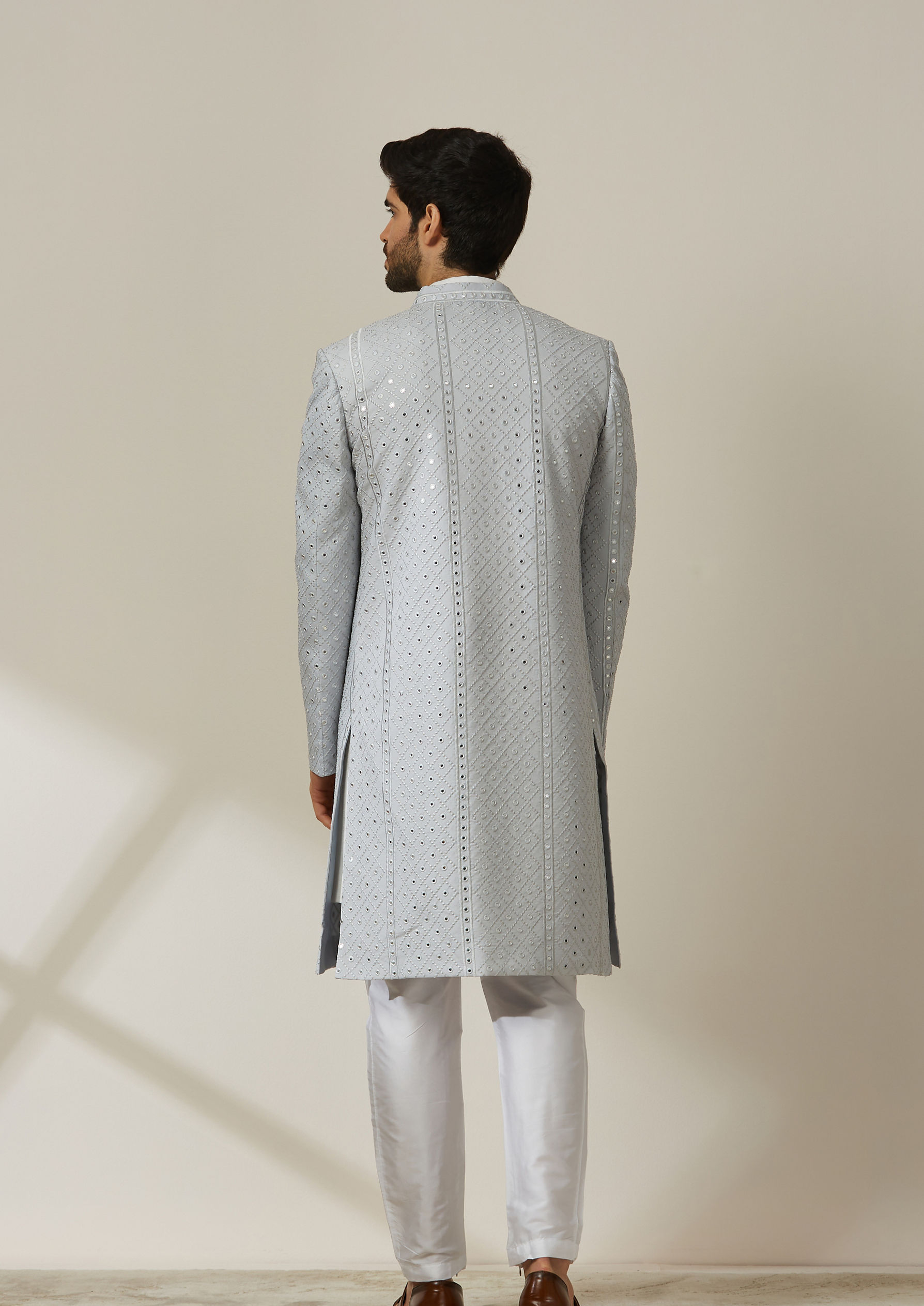 Twamev Men Light Grey Jaal Patterned Indo Western Set