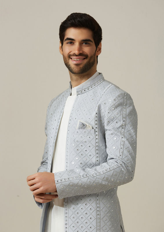 Twamev Men Light Grey Jaal Patterned Indo Western Set