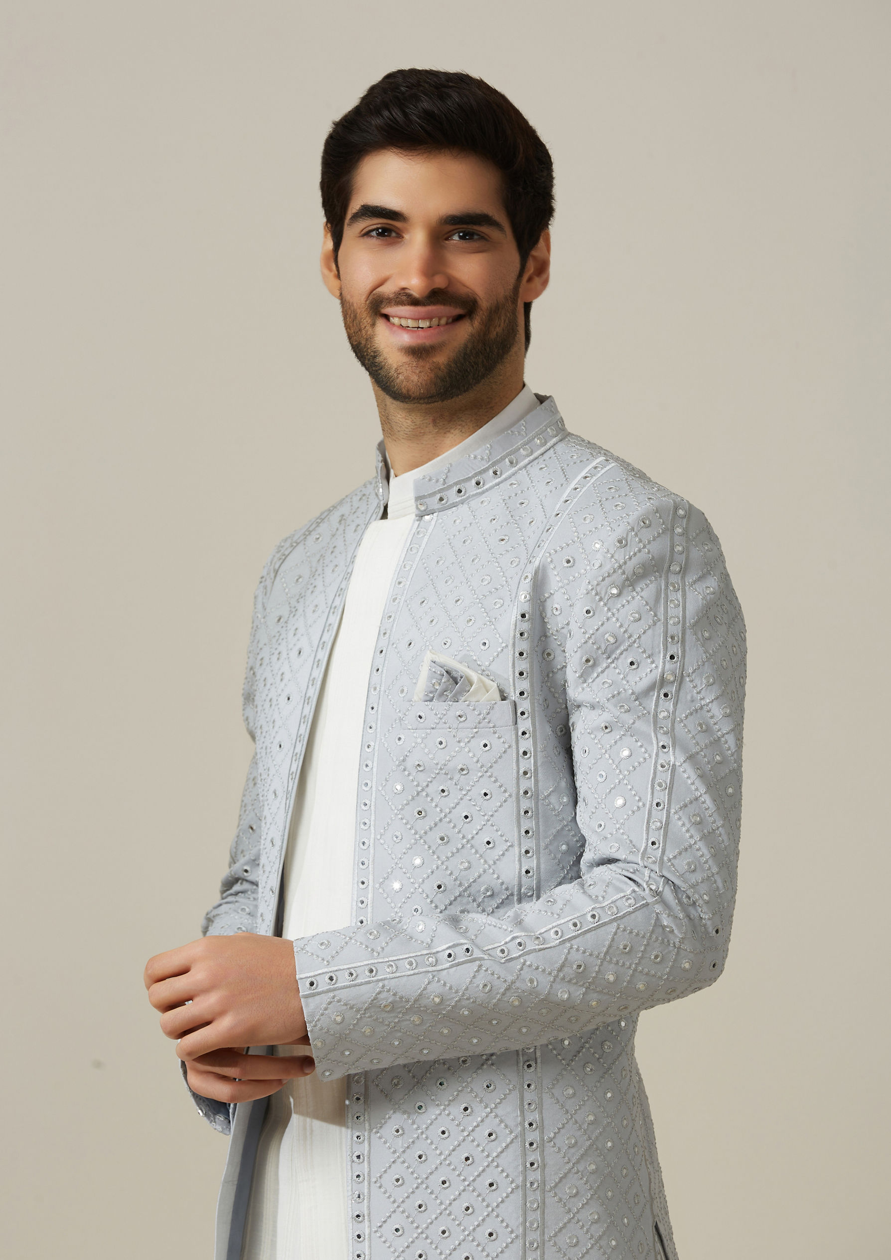Twamev Men Light Grey Jaal Patterned Indo Western Set