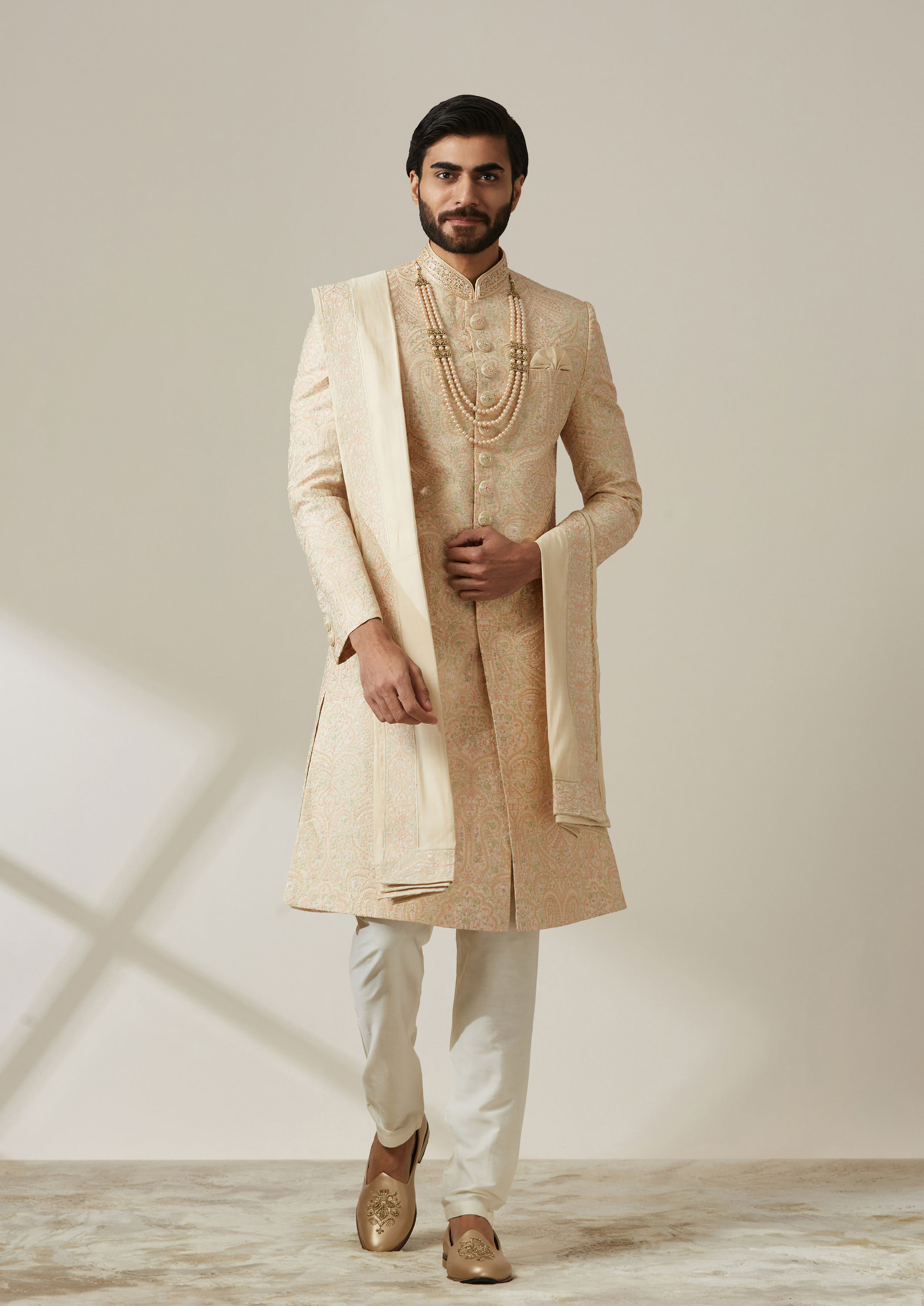 Twamev Men Regal Pista Patterned Sherwani Set