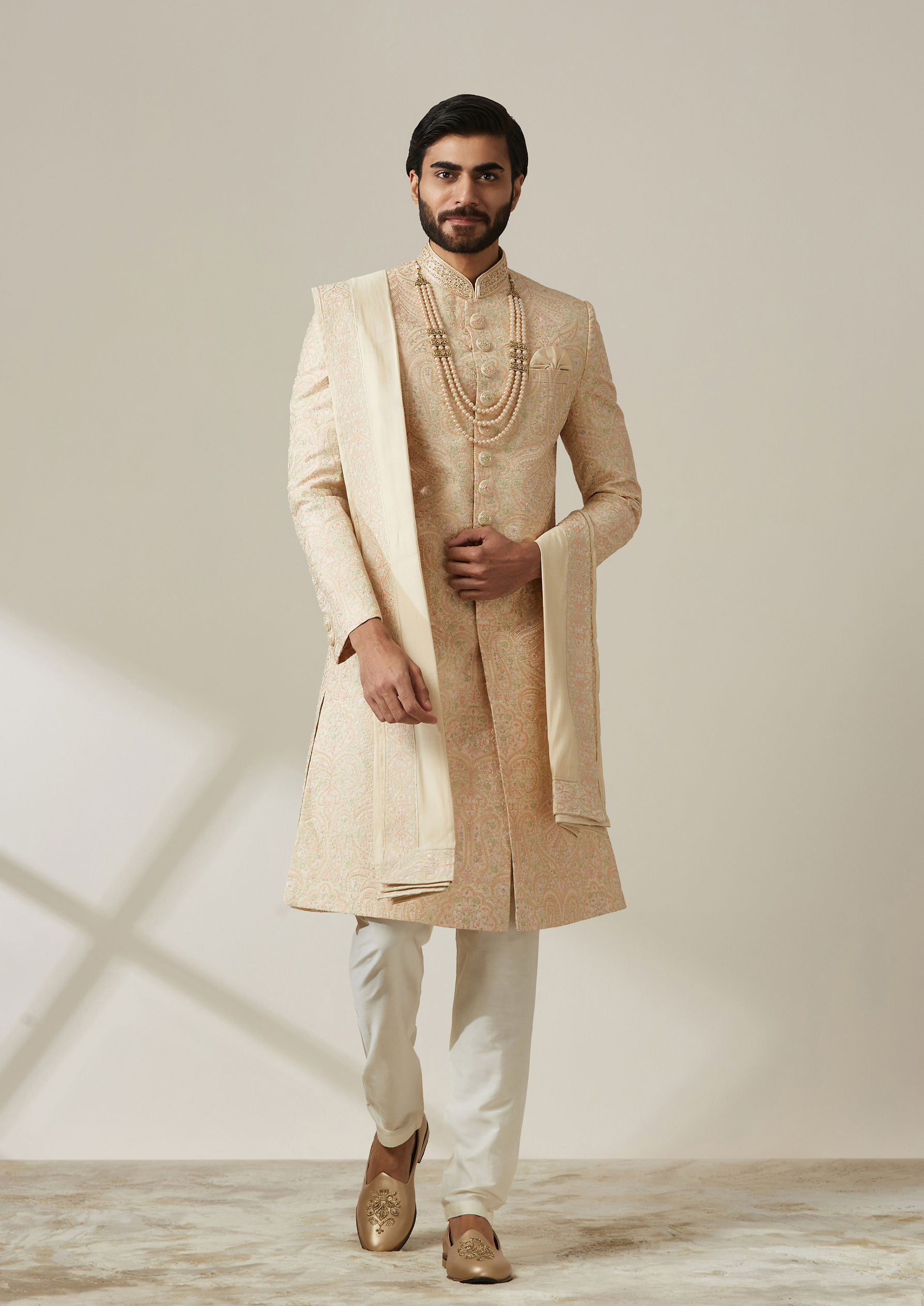 Twamev Men Regal Pista Patterned Sherwani Set