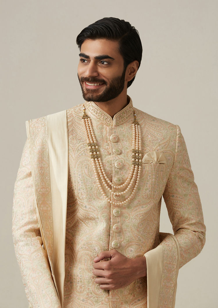 Twamev Men Regal Pista Patterned Sherwani Set