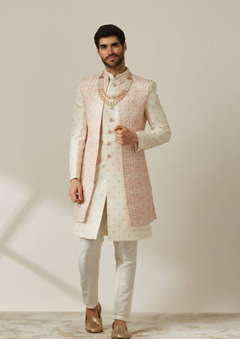 alt message - Twamev Men Cream Art Silk Sequin Work Sherwani image number 1