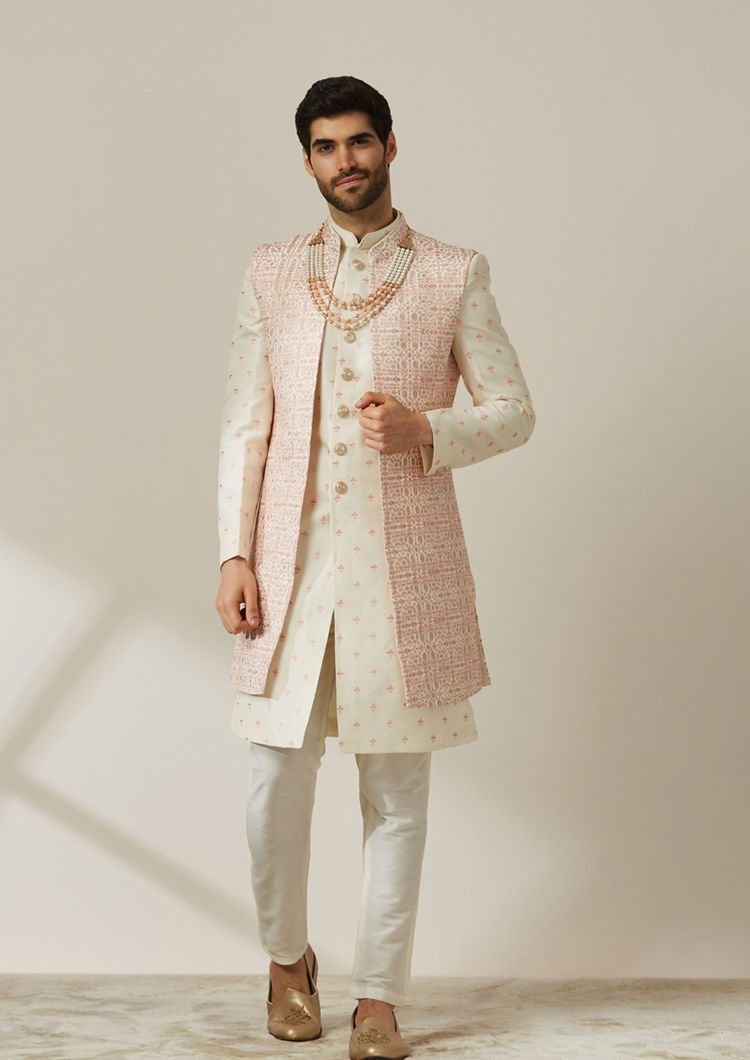 Twamev Men Cream Art Silk Sequin Work Sherwani