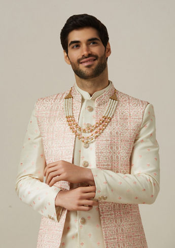 alt message - Twamev Men Cream Art Silk Sequin Work Sherwani image number 0