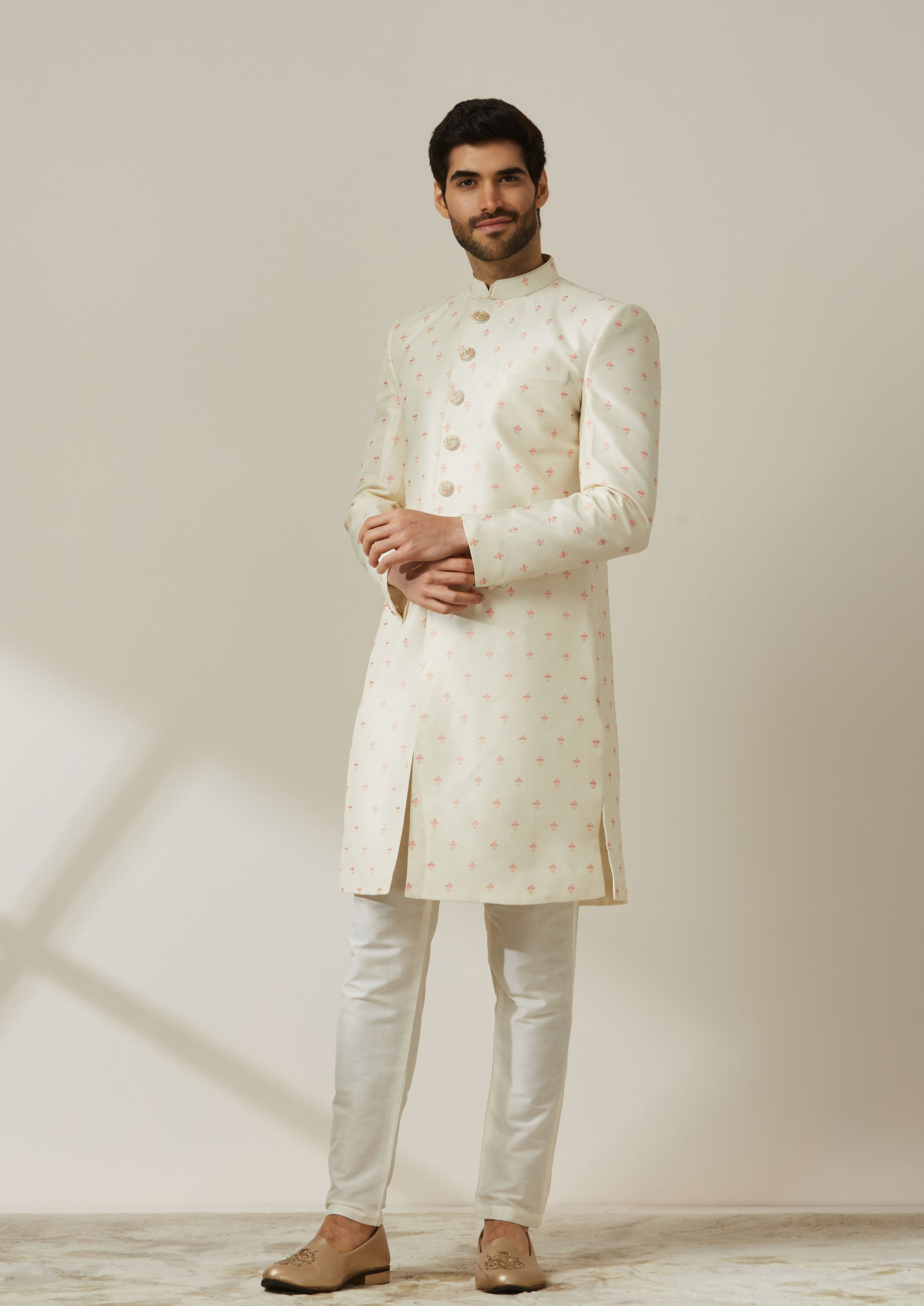 Twamev Men Cream Art Silk Sequin Work Sherwani