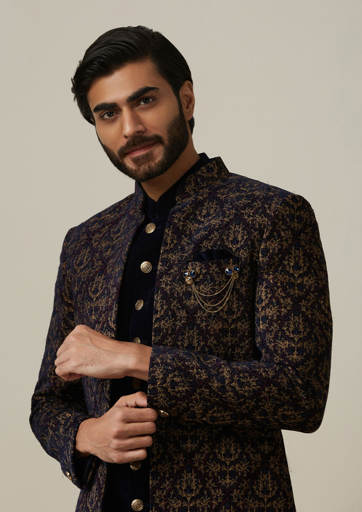 alt message - Twamev Men Royal Blue Velvet Indo Western Set image number 0