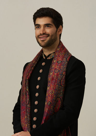 alt message - Twamev Men Twilight Black with Regal Dupatta Indo Western Set image number 0