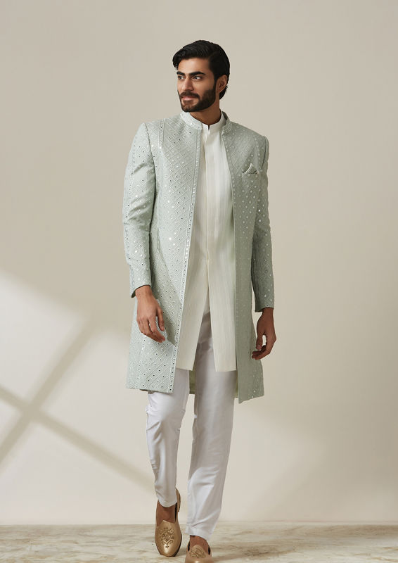 Twamev Men Sage Green Jaal Patterned Indo Western Set