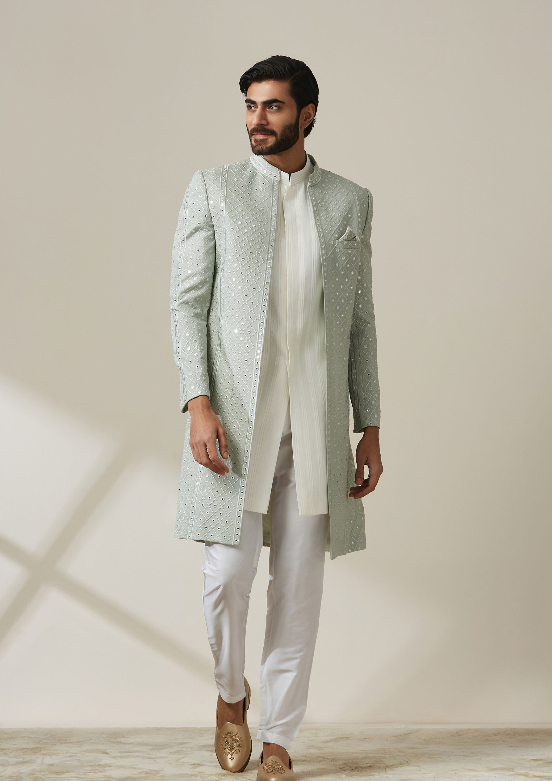 Twamev Men Sage Green Jaal Patterned Indo Western Set