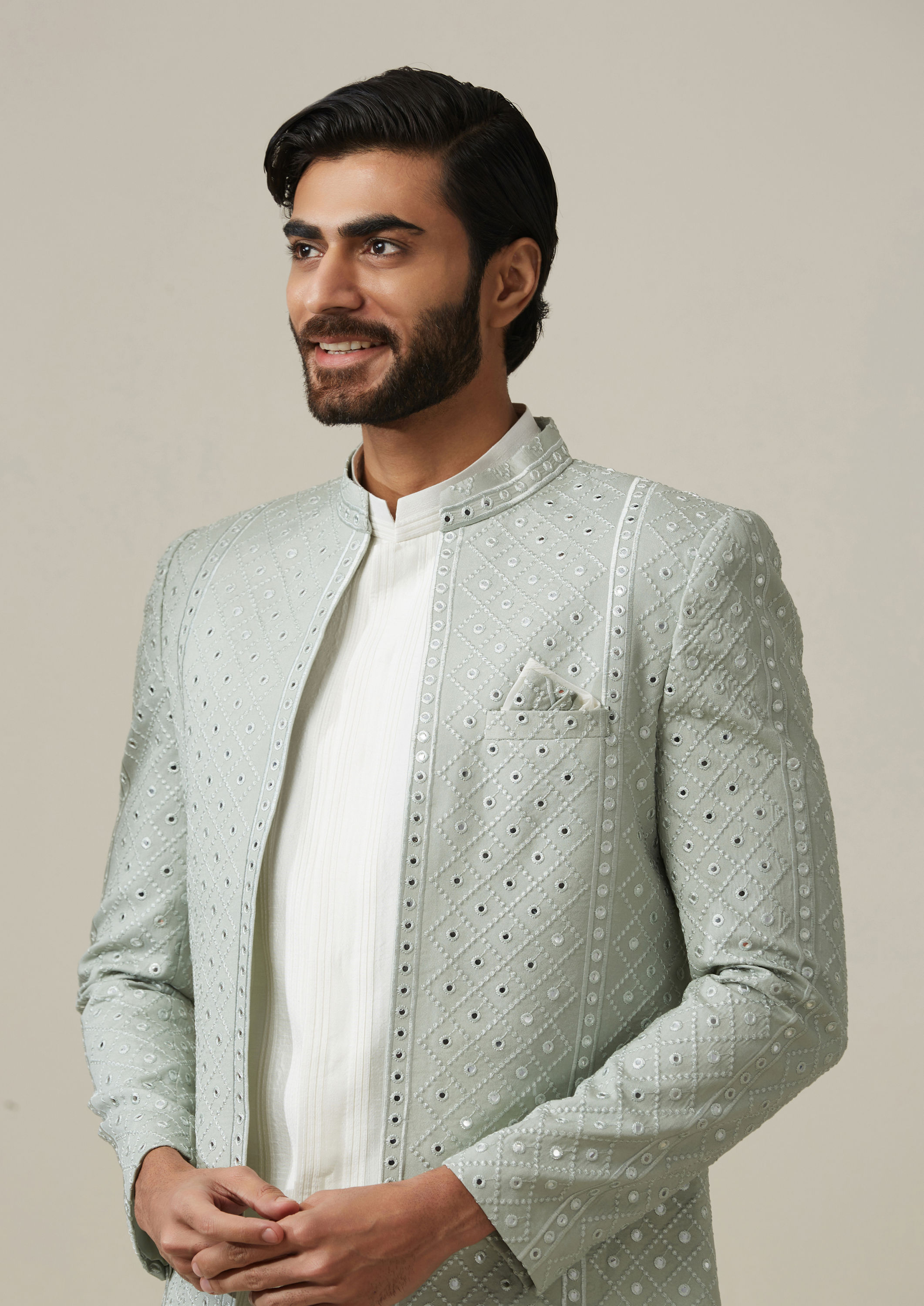 Twamev Men Sage Green Jaal Patterned Indo Western Set
