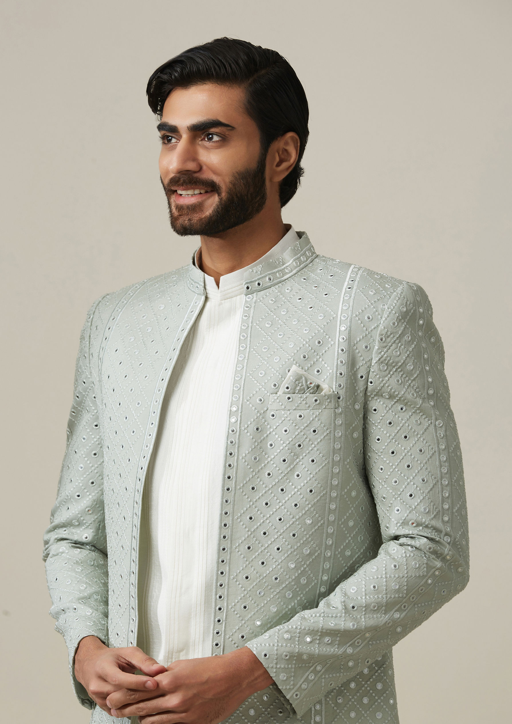 Twamev Men Sage Green Jaal Patterned Indo Western Set