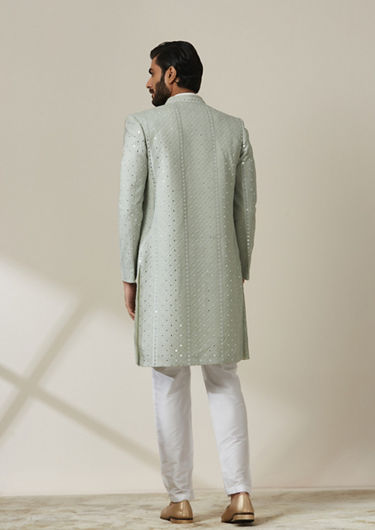 alt message - Twamev Men Sage Green Jaal Patterned Indo Western Set image number 2