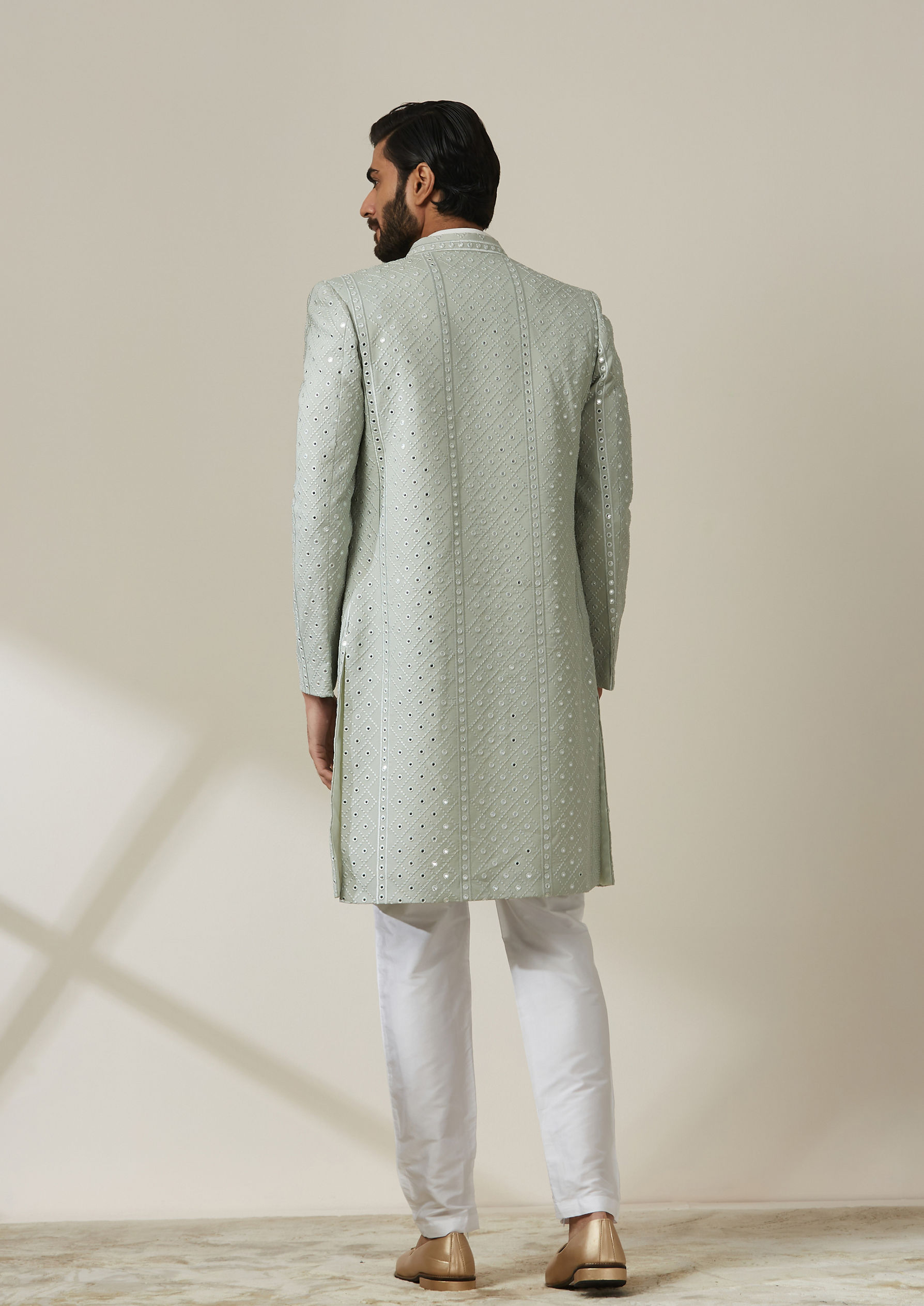 Twamev Men Sage Green Jaal Patterned Indo Western Set