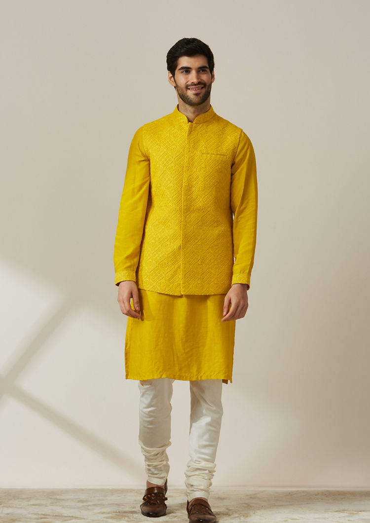 Twamev Men Turmeric Yellow Kurta Jacket Set