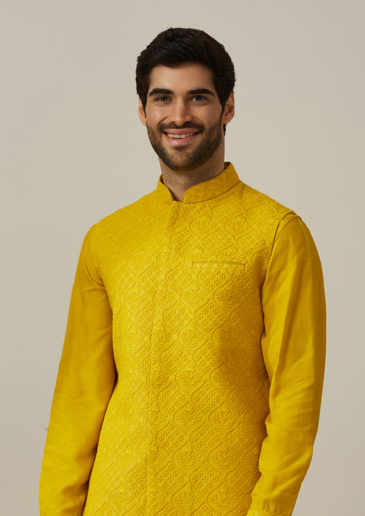 Twamev Men Turmeric Yellow Kurta Jacket Set image number 0