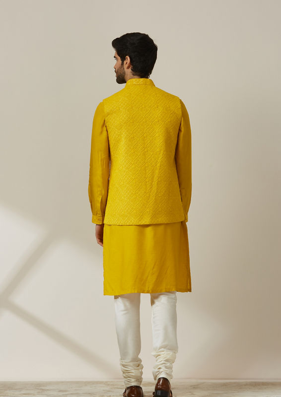 Twamev Men Turmeric Yellow Kurta Jacket Set image number 3