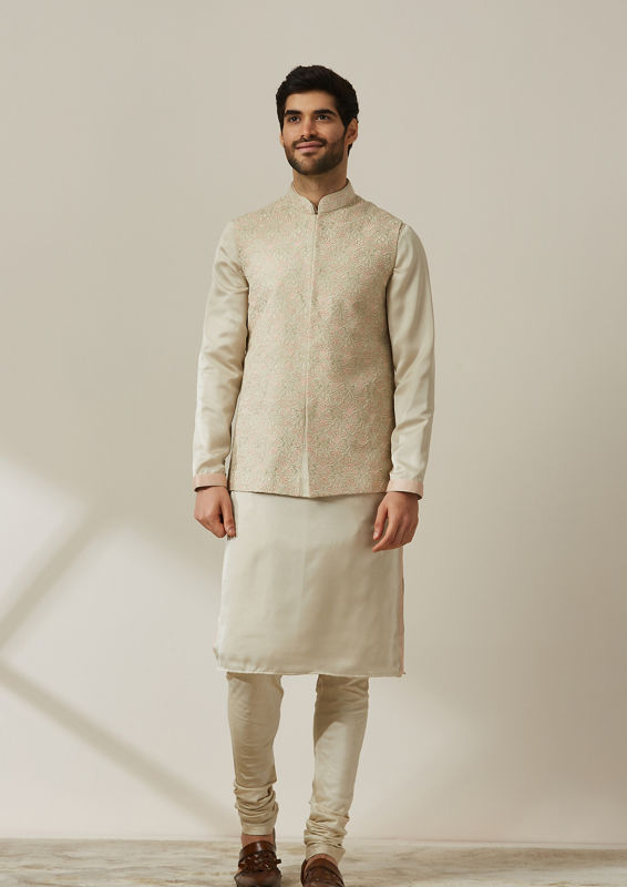 Twamev Men Pista Patterned Kurta Jacket Set