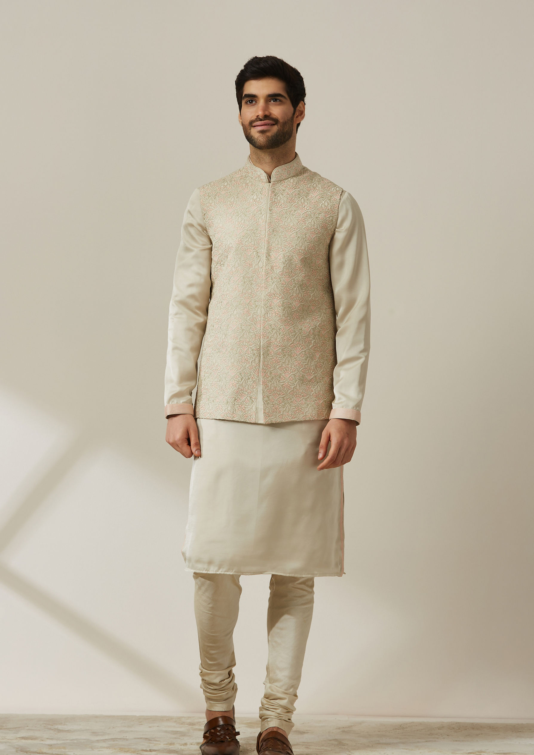 Twamev Men Pista Patterned Kurta Jacket Set