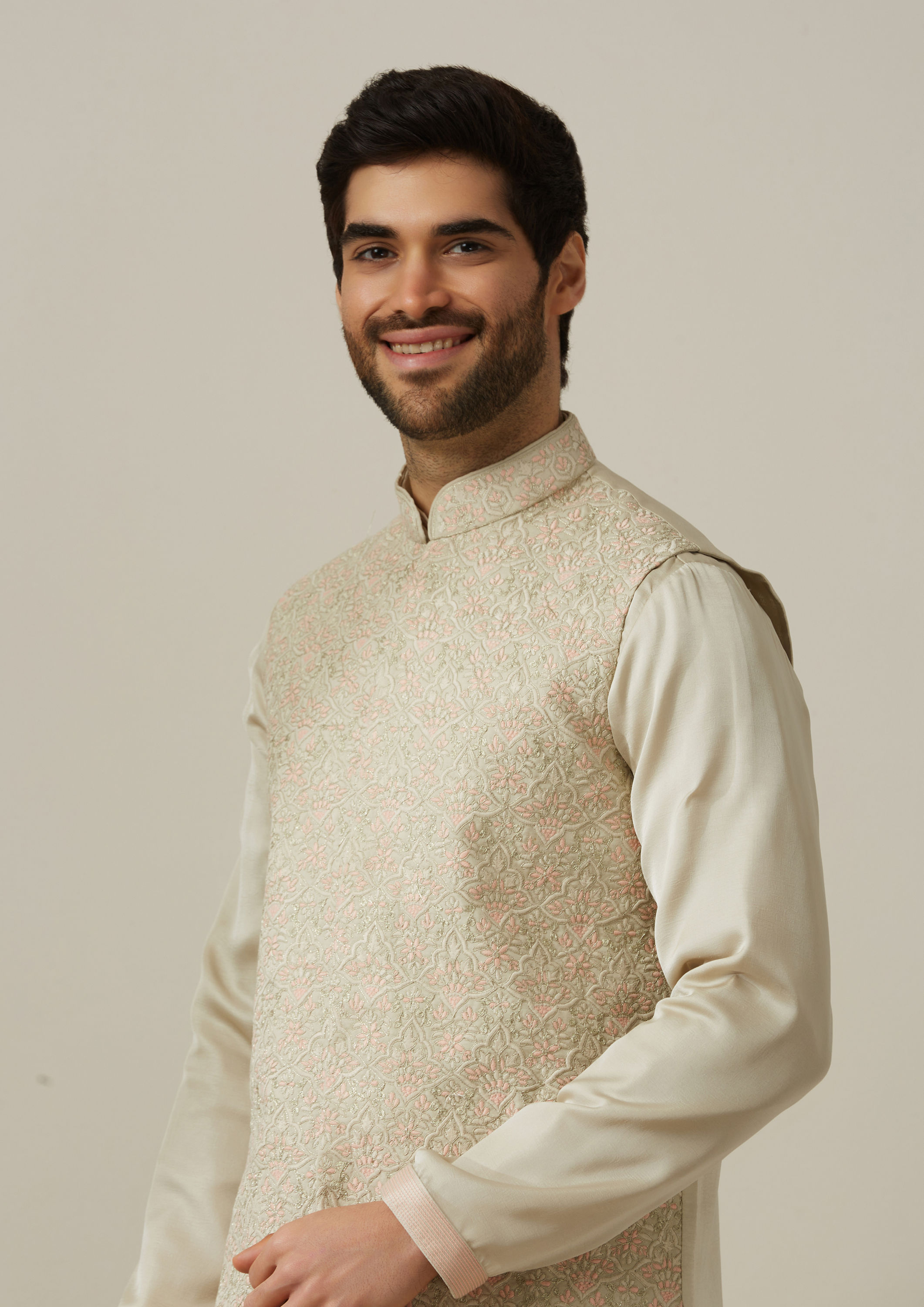 Twamev Men Pista Patterned Kurta Jacket Set