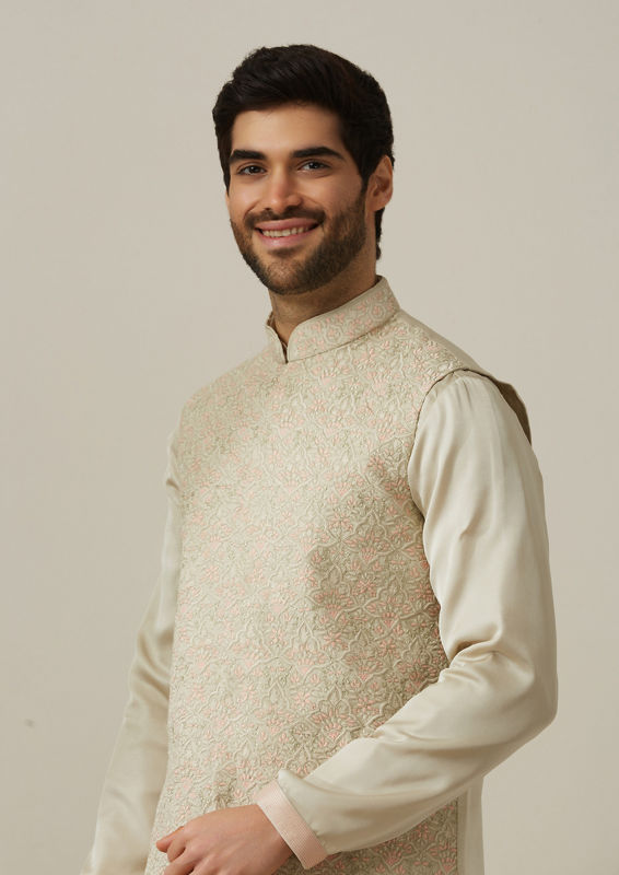 Twamev Men Pista Patterned Kurta Jacket Set