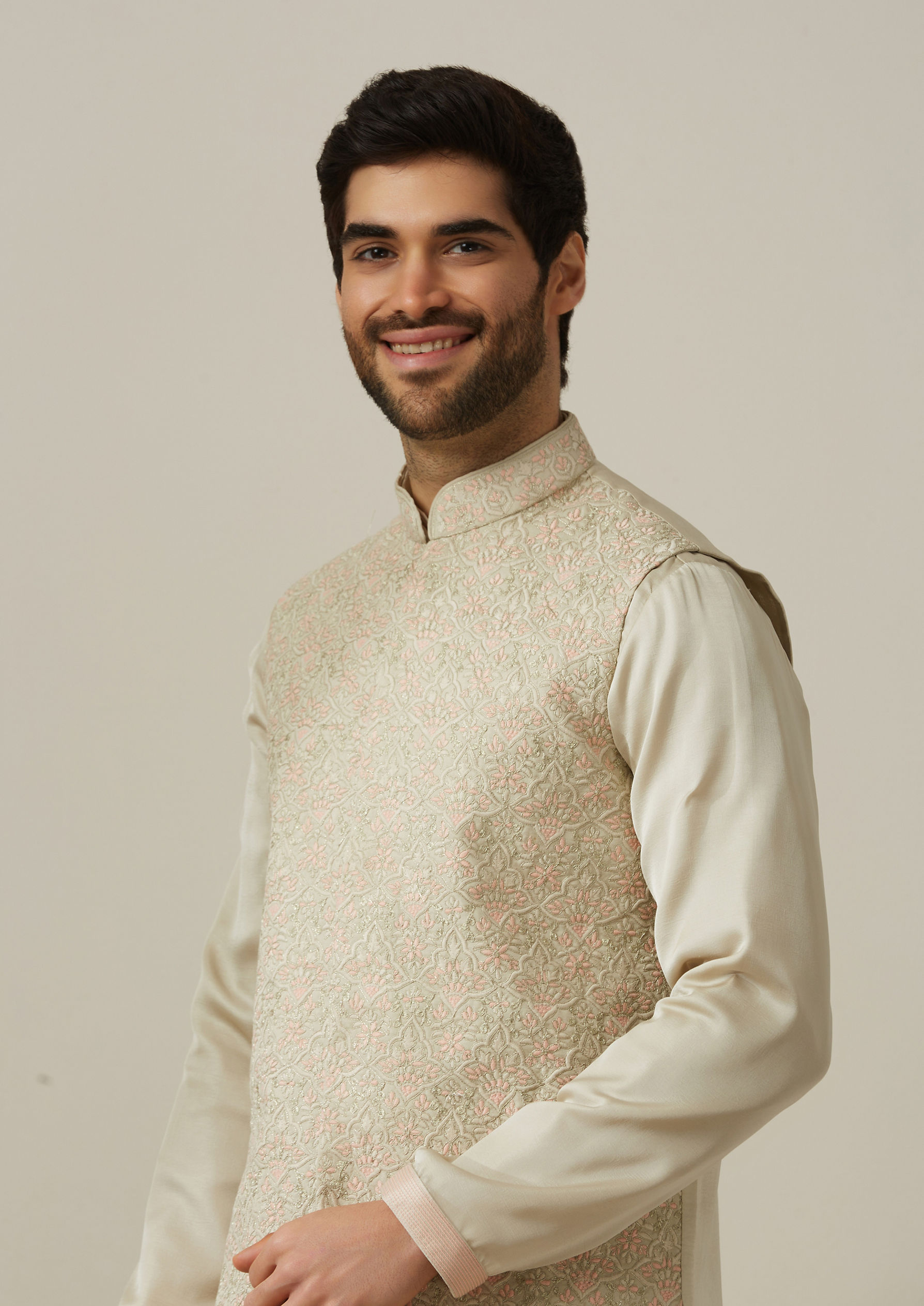 Twamev Men Pista Patterned Kurta Jacket Set