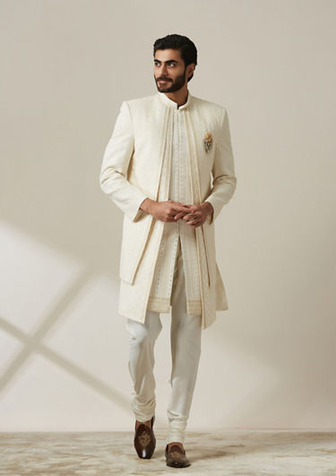 alt message - Twamev Men Cream Georgette Self Texture Zari Sherwani image number 1