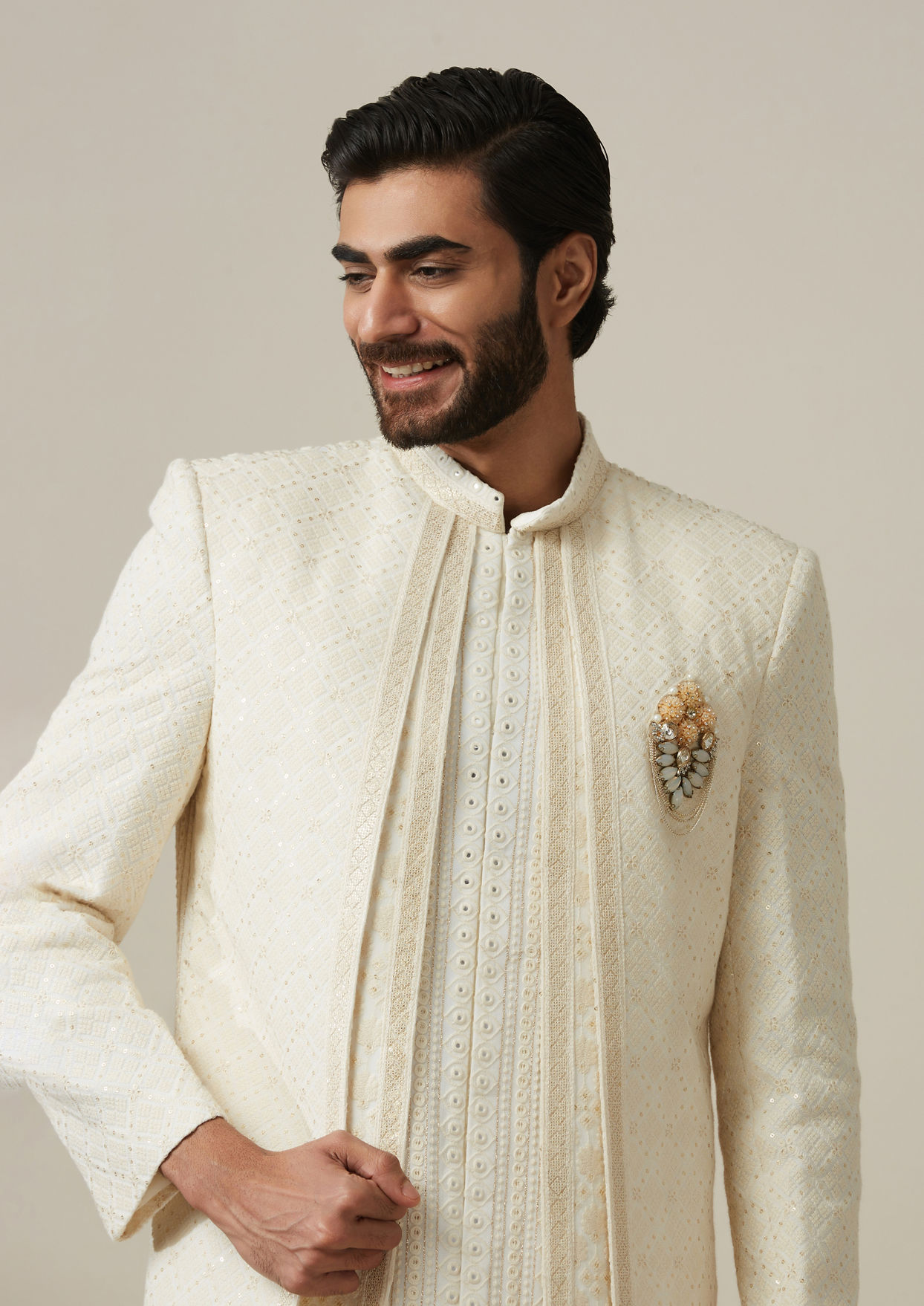 alt message - Twamev Men Cream Georgette Self Texture Zari Sherwani image number 0