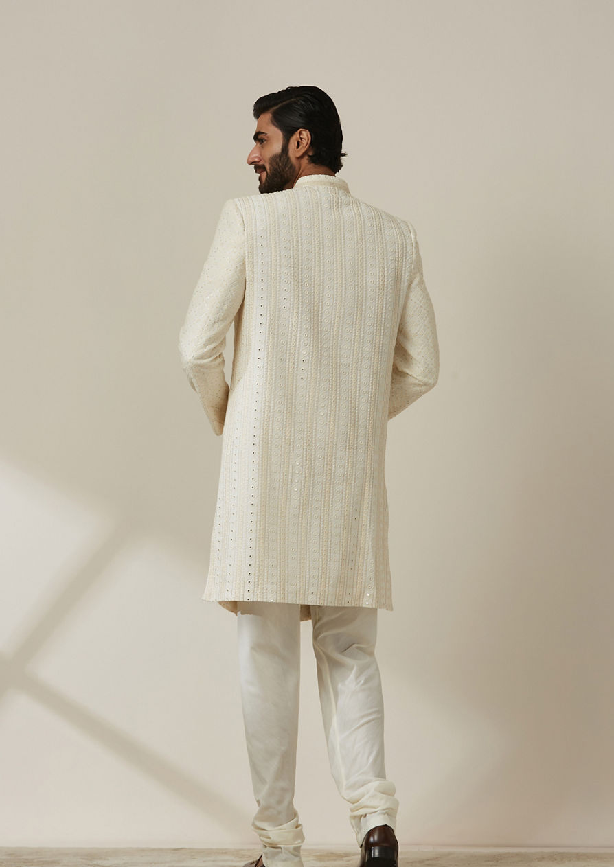 alt message - Twamev Men Cream Georgette Self Texture Zari Sherwani image number 2