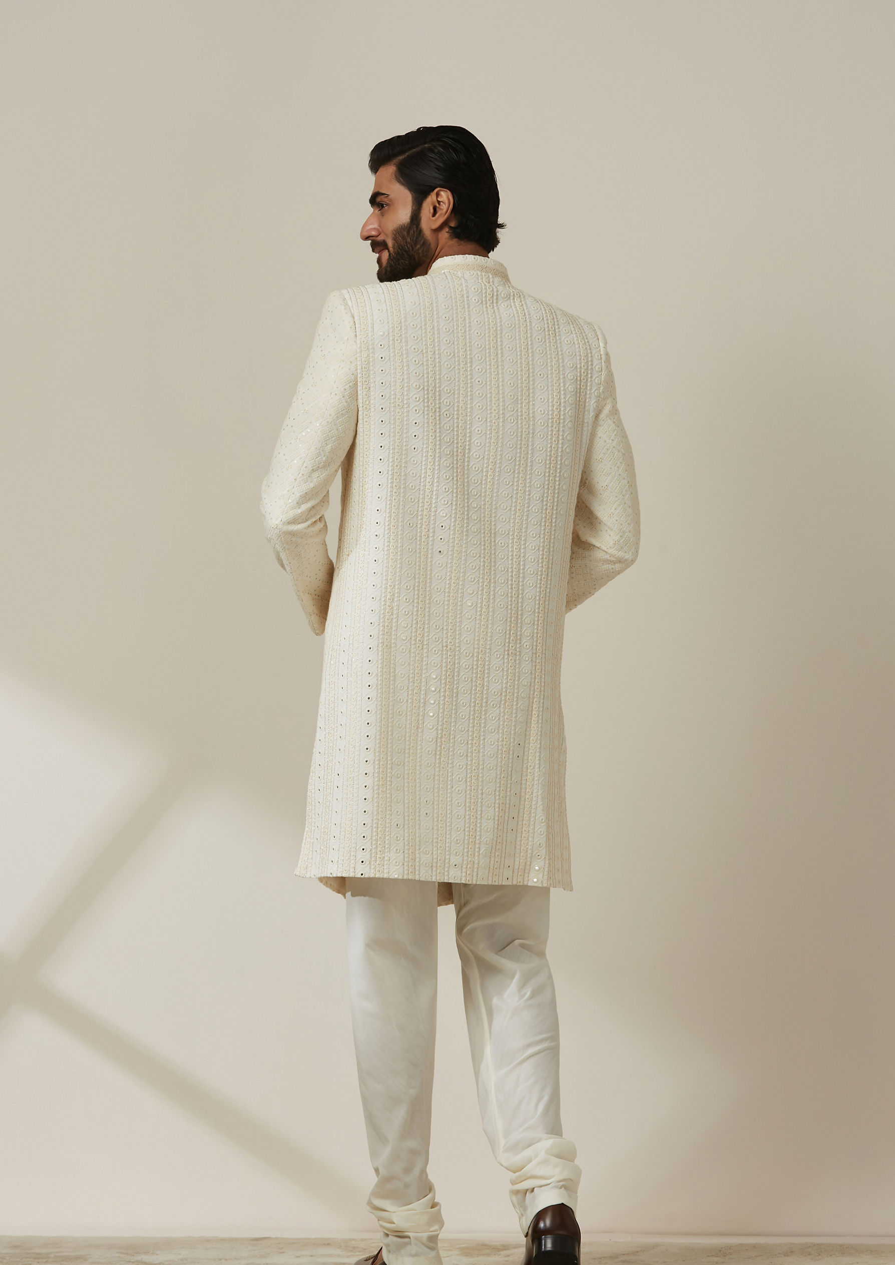 Twamev Men Cream Georgette Self Texture Zari Sherwani image number 2