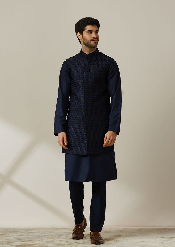 Twamev Men Midnight Blue Kurta Jacket Set