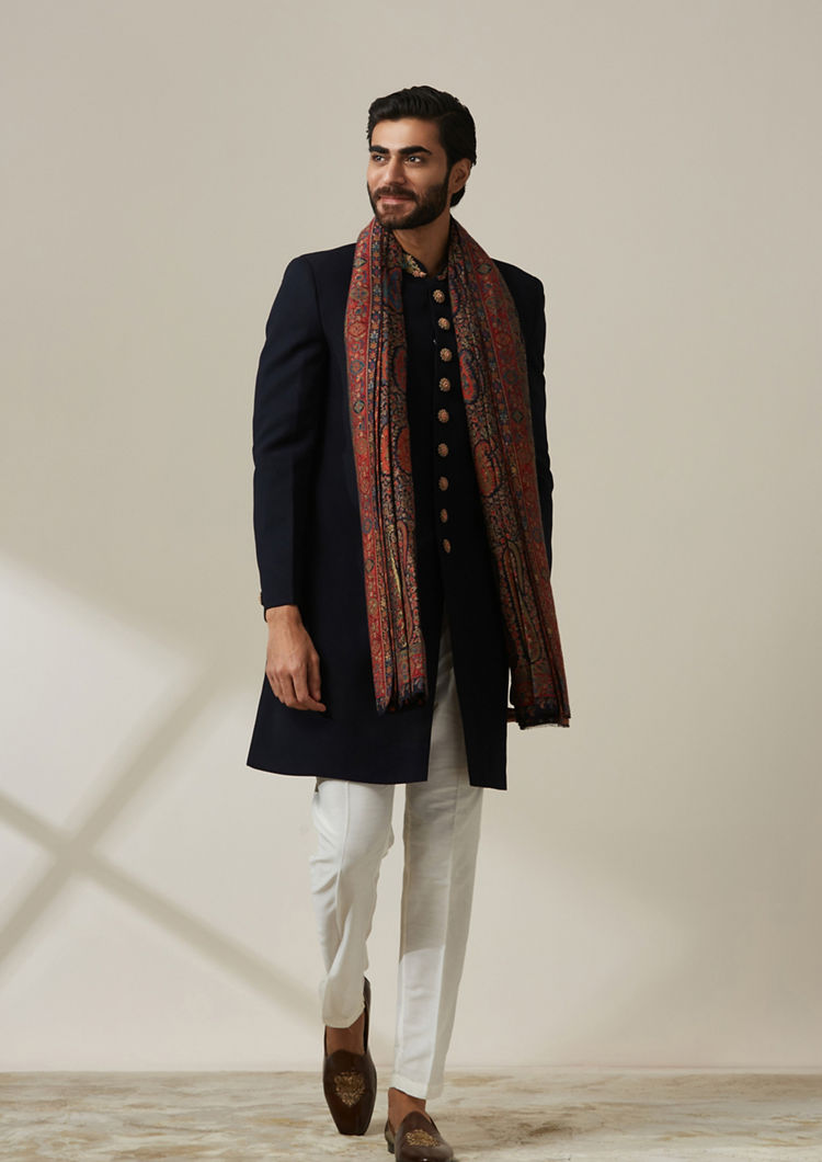 alt message - Twamev Men Midnight Blue with Regal Dupatta Indo Western Set image number 1