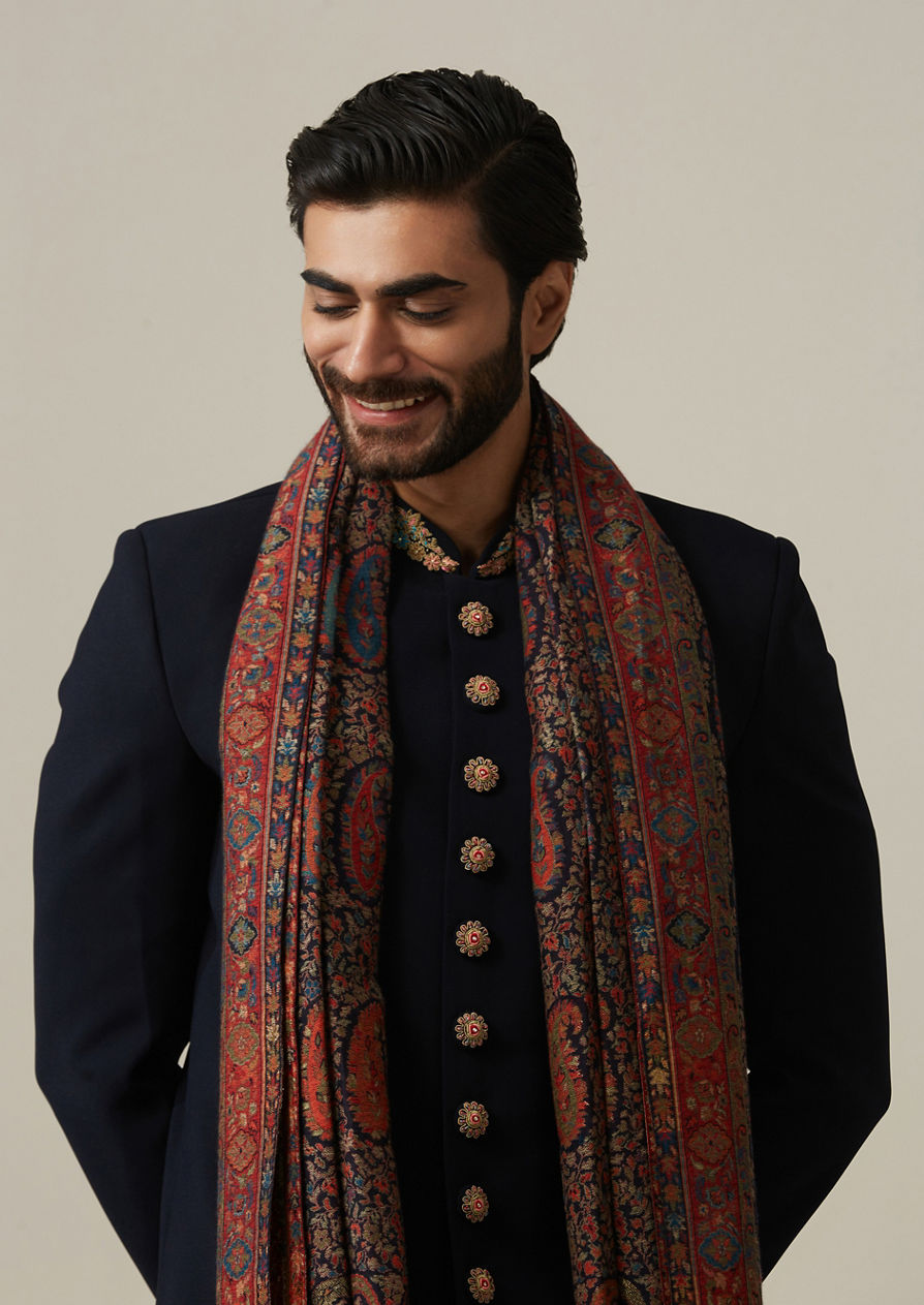 alt message - Twamev Men Midnight Blue with Regal Dupatta Indo Western Set image number 0