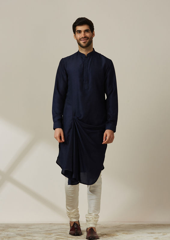 alt message - Twamev Men Navy Blue Draped Kurta Jacket Set image number 1