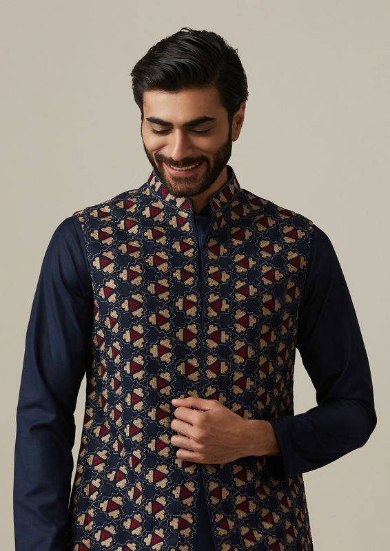 Twamev Men Navy Blue Kurta set with Cherry Blossom Jacket image number 0