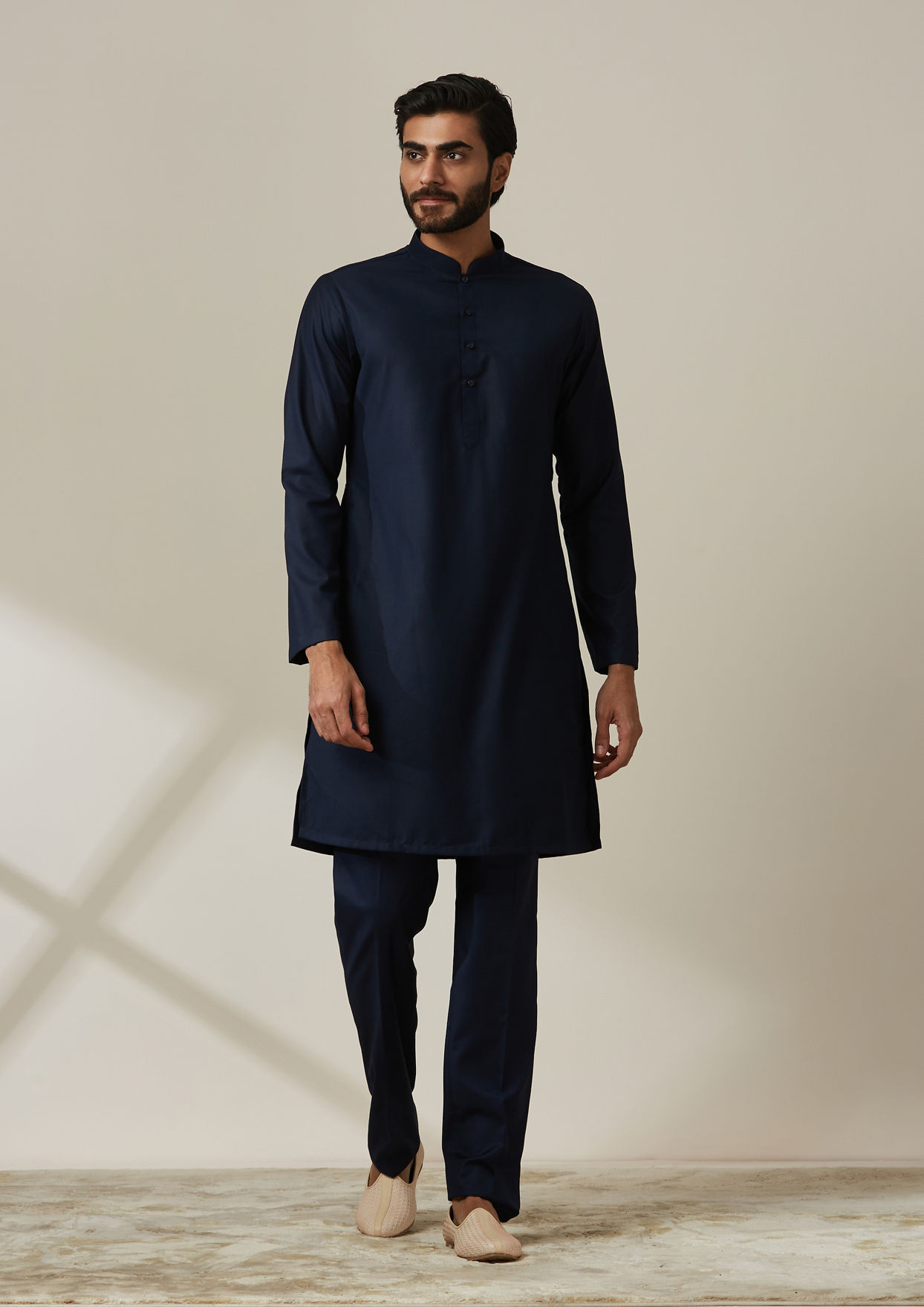 alt message - Twamev Men Navy Blue Kurta set with Cherry Blossom Jacket image number 1