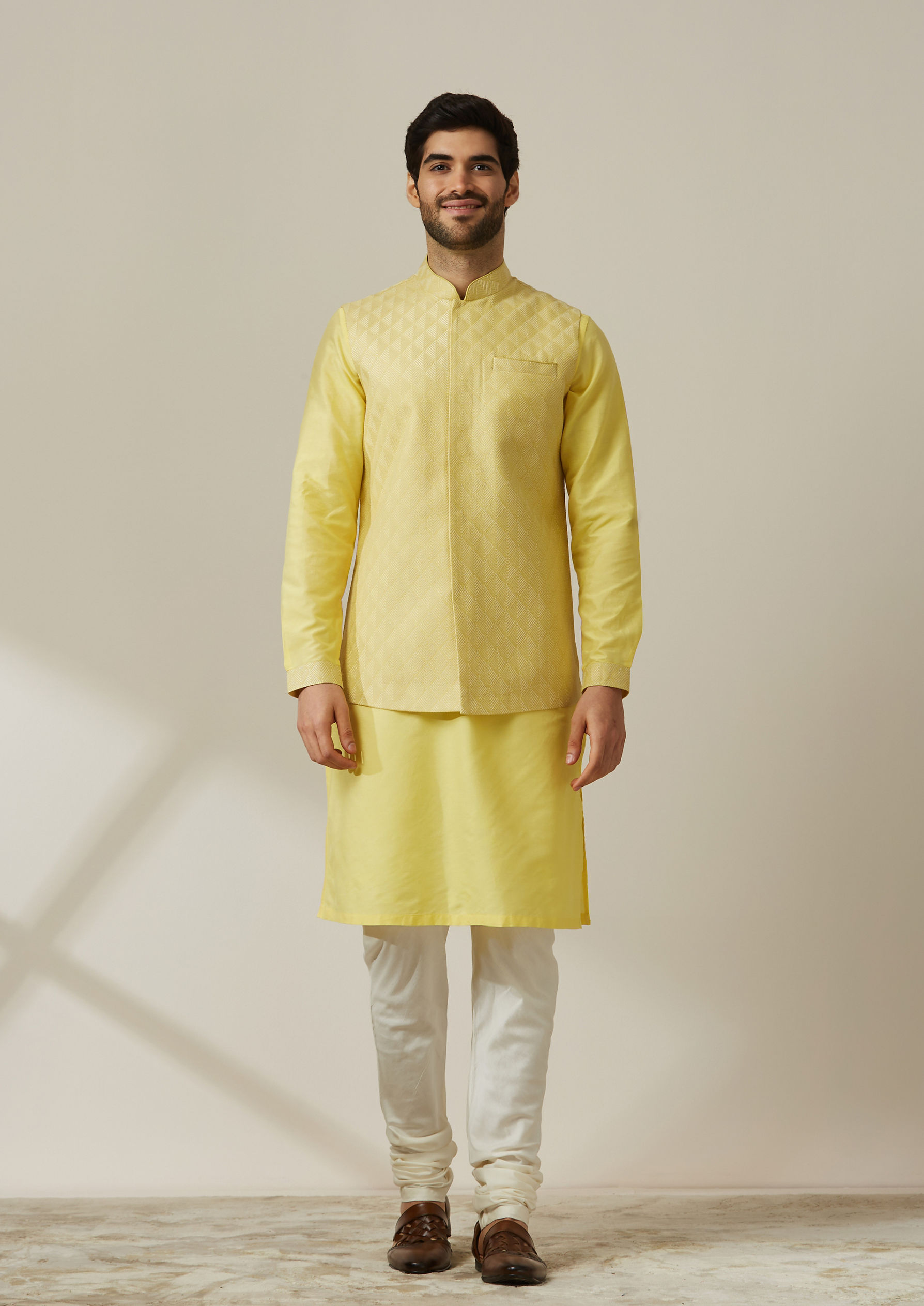 Twamev Men Light Yellow Kurta Jacket Set