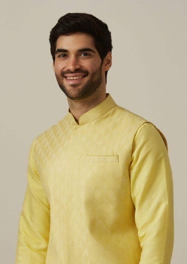 Twamev Men Light Yellow Kurta Jacket Set