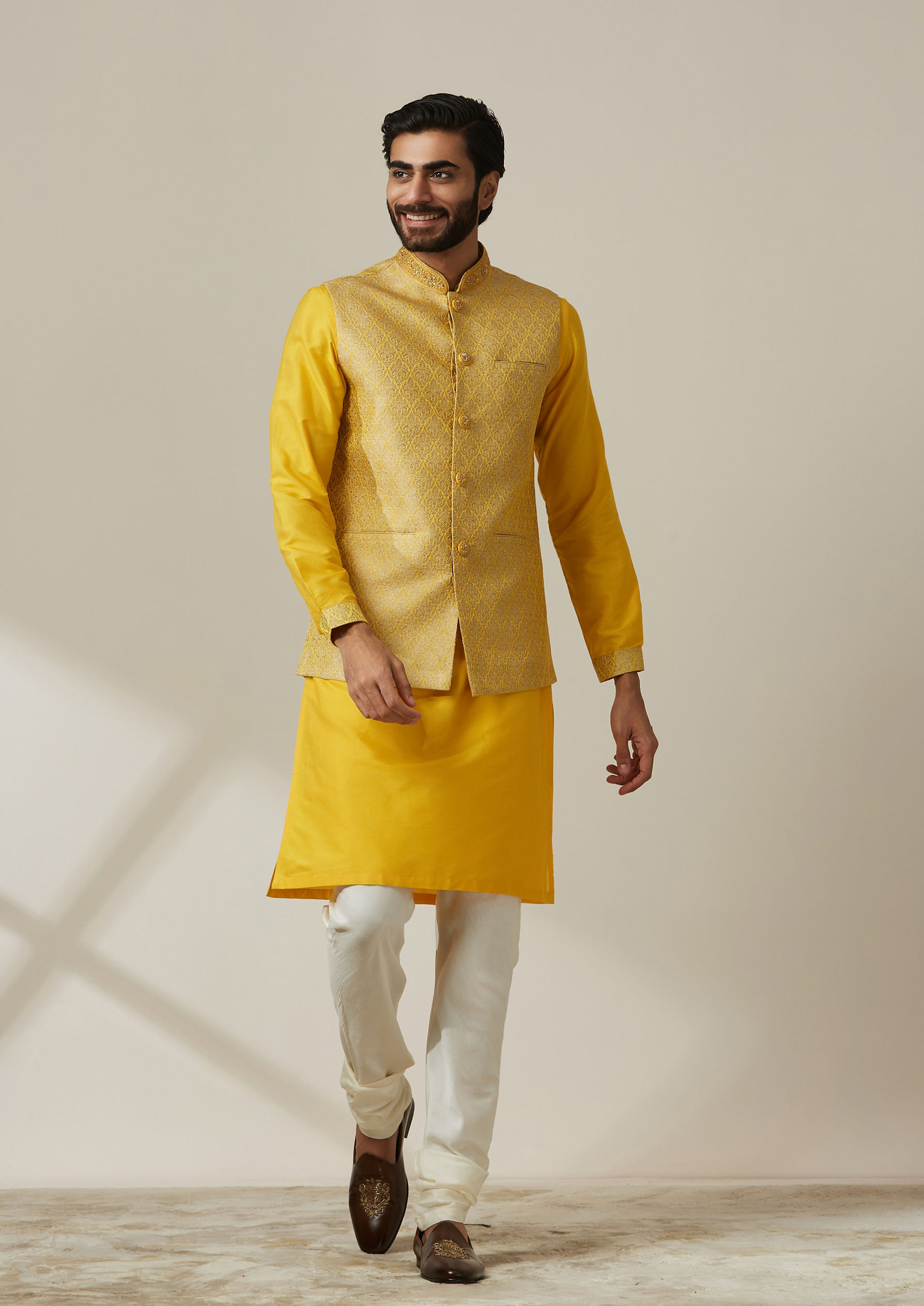 Twamev Men Mustard Kurta Jacket Set