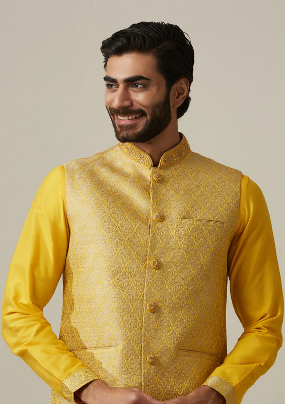 Twamev Men Mustard Kurta Jacket Set