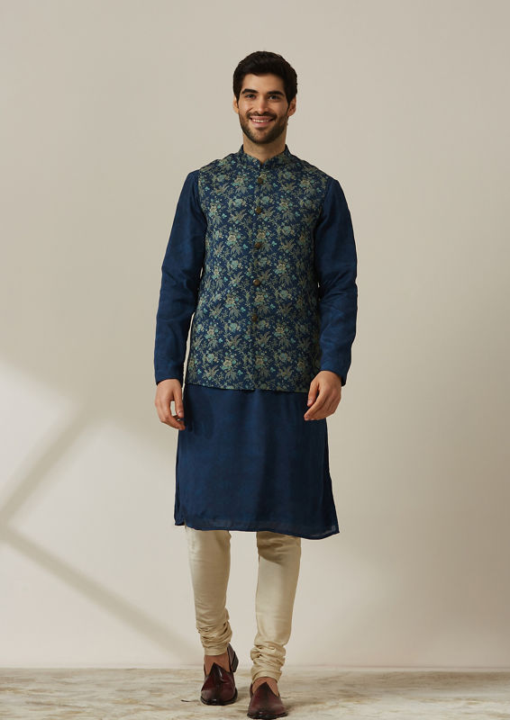 Twamev Men Deep Blue Floral Kurta Jacket Set image number 2