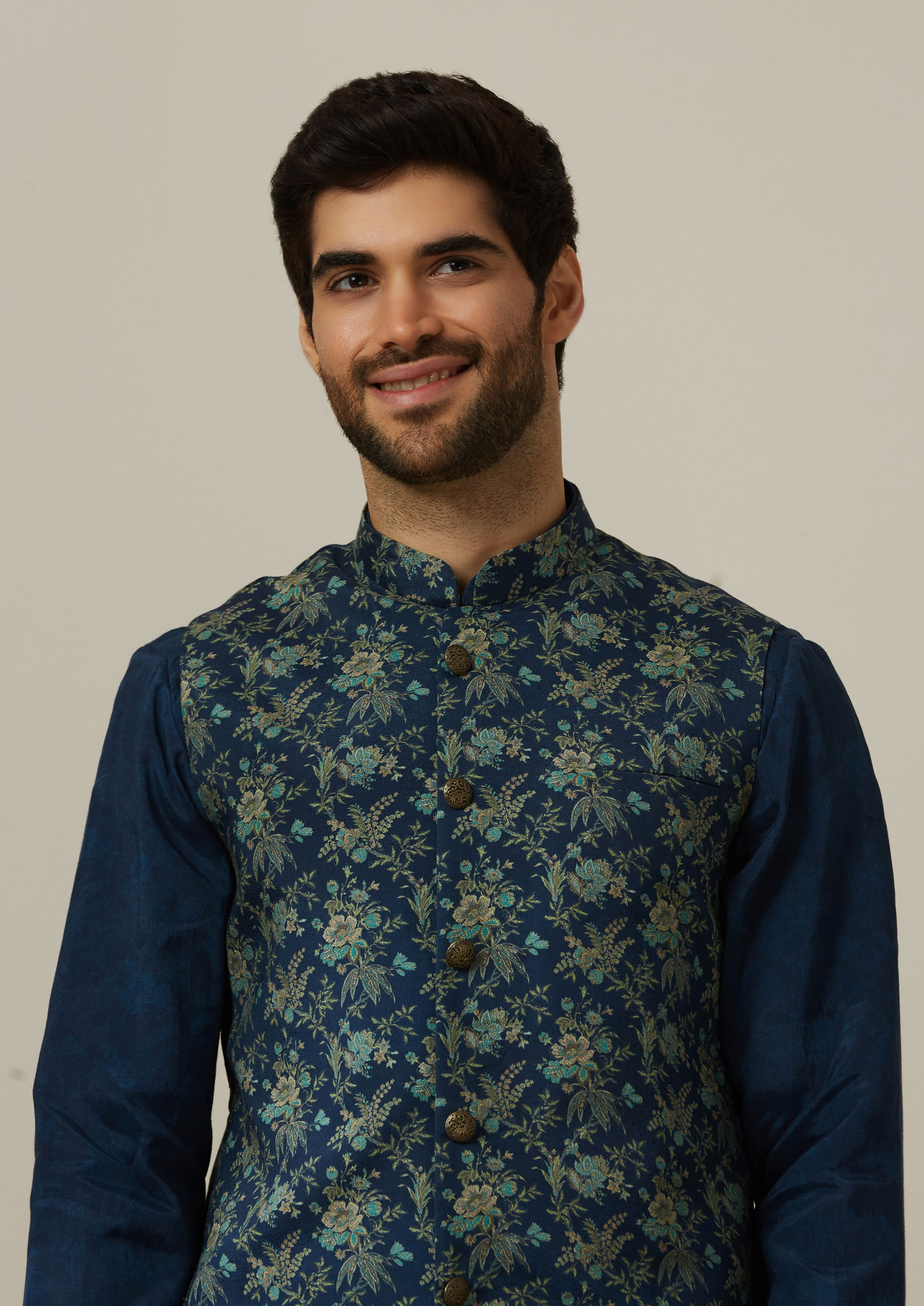 Twamev Men Deep Blue Floral Kurta Jacket Set