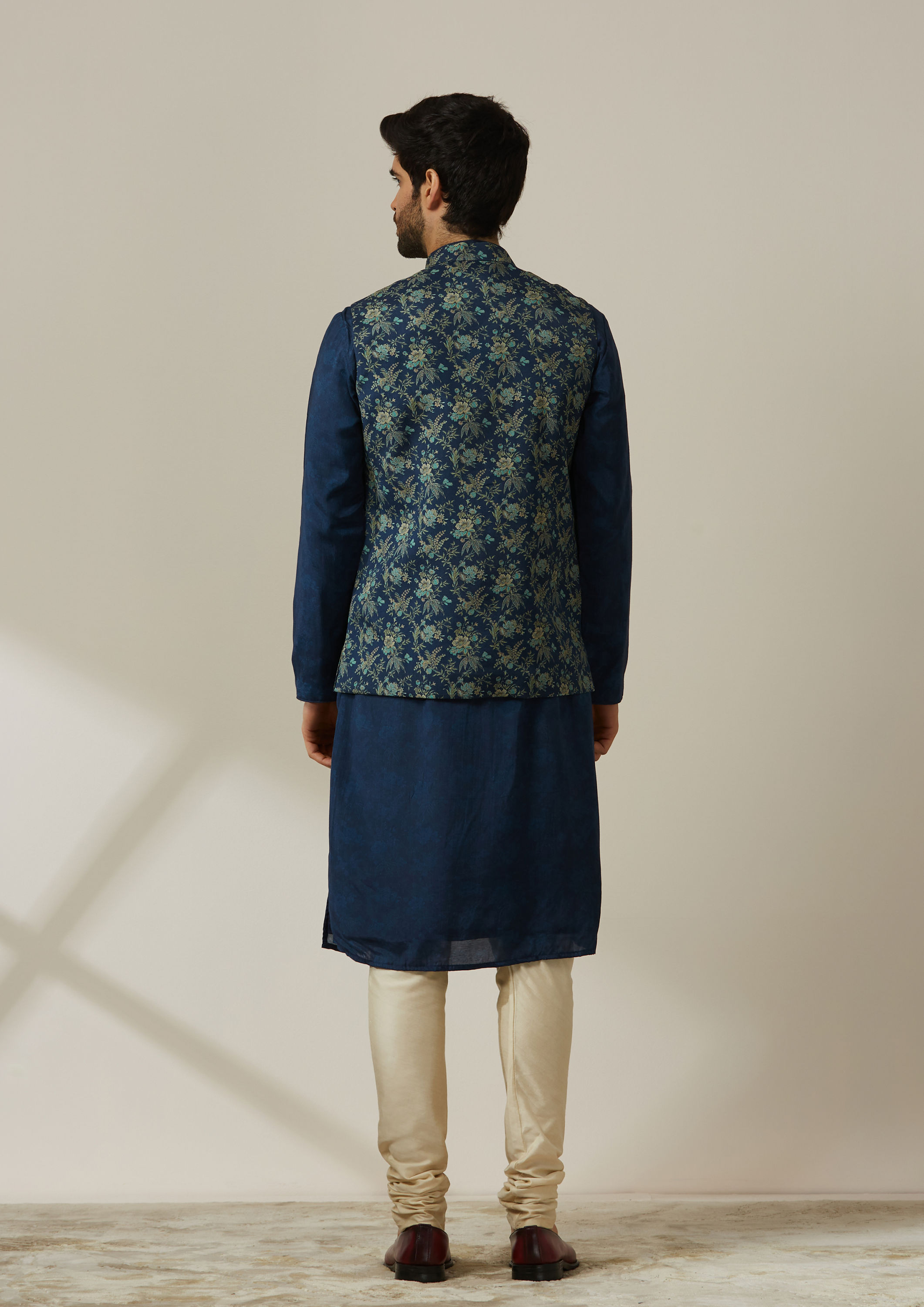 Twamev Men Deep Blue Floral Kurta Jacket Set