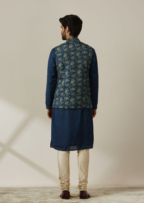 Twamev Men Deep Blue Floral Kurta Jacket Set